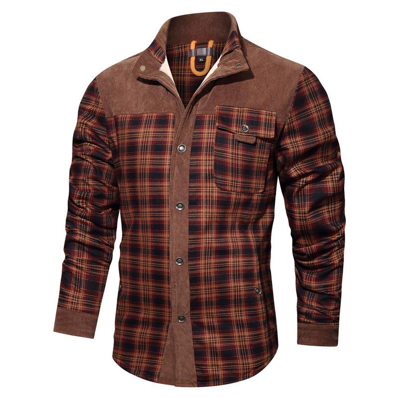 Men's Large Size Winter Velvet Thickened Corduroy Plaid Shirt Jacket
