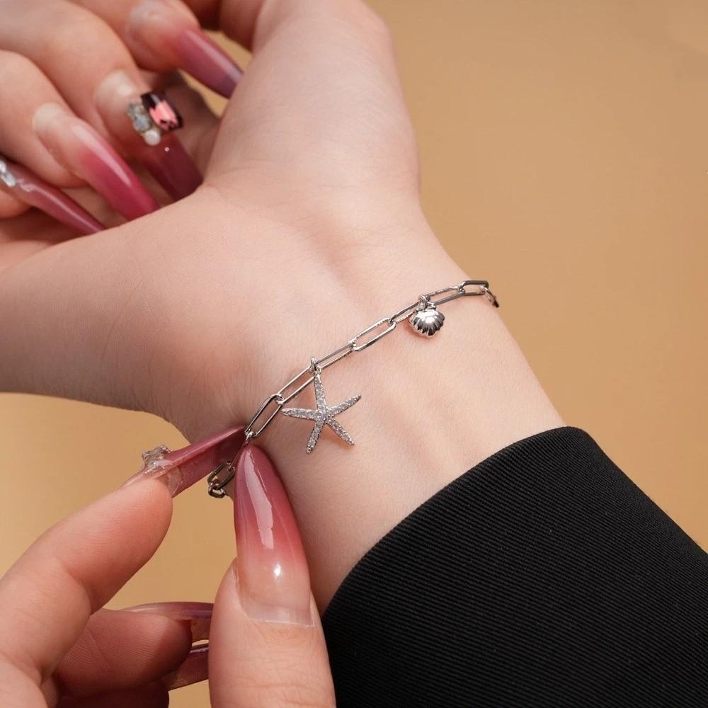 Copper Zircon Bohemian Shell Bangle Ornaments Beach Hand Chain Metal Shell Starfish Bracelet  Beach