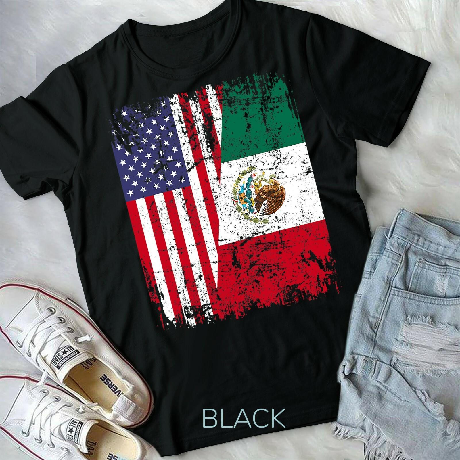MEXICAN ROOTS TSHIRT Half American Flag MEXICO Unisex Form T-shirt XXL