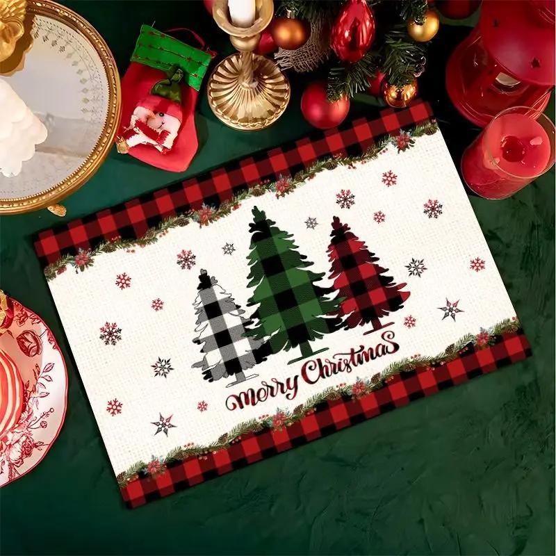 1PC Christmas Placemats Linen Christmas Trees Snowflake Gnome Print Table Mats Xmas Table Pads for Home Hotel