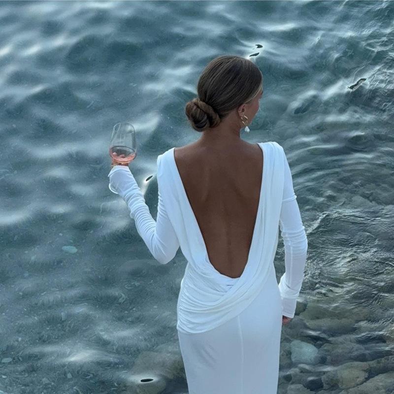 Neues elegantes und sexy rückenfreies langes Kleid, figurbetontes langärmeliges Kleid für Damen