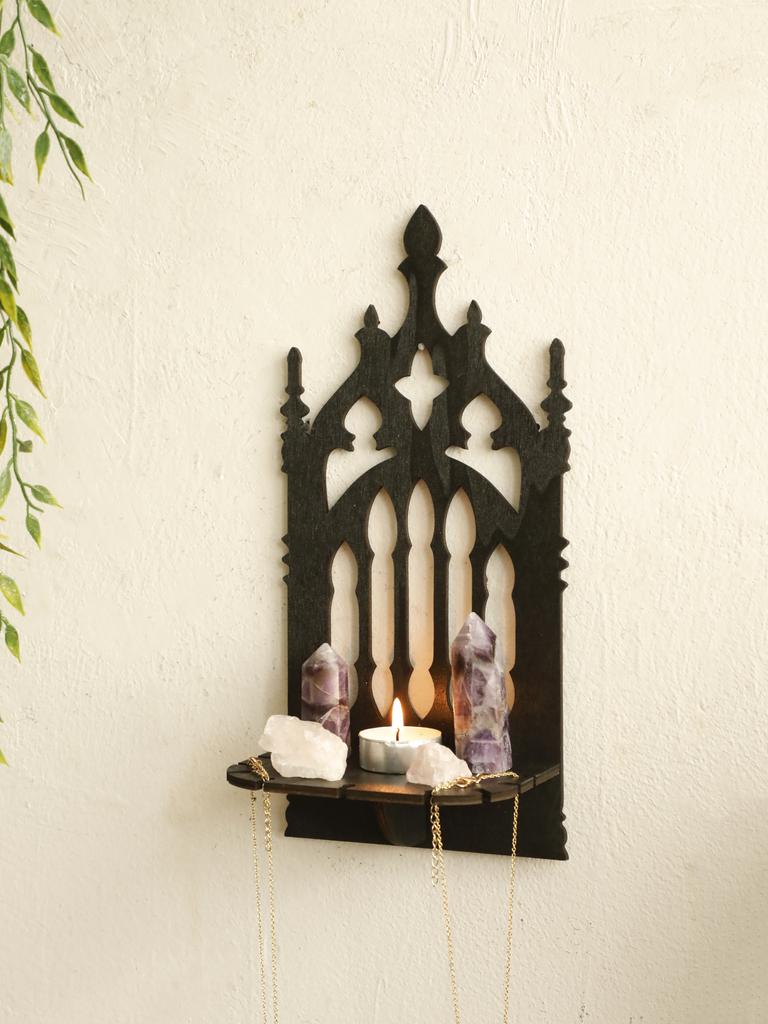 Black Gothic Wooden Shelf Hollow Vintage Fence Shape Wall Hanging Decor Floating Shelves Wall Decor Crystal Holder Room Decor