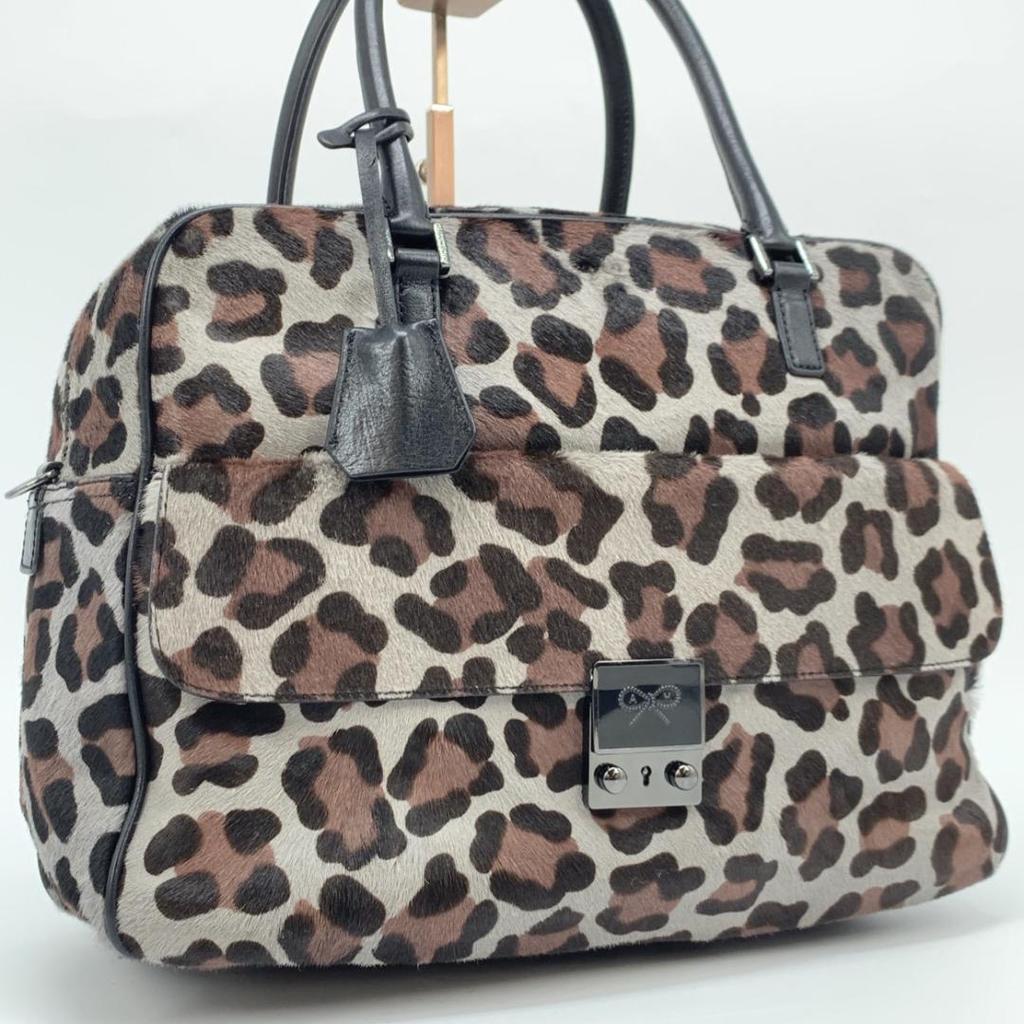 ANYA HINDMARCH Carker Unborn Calf Leopard Print Handbag Boston Bag Leather Grey Brand Tassel A4 Capacity Women's Logo Plate