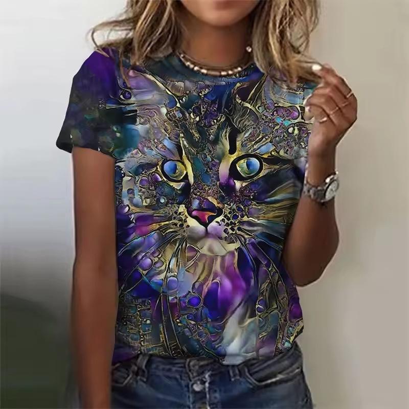 Summer Round Neck 3D Cat Pattern Print Top Fashionable Casual Short Sleeved Women's T-shirts