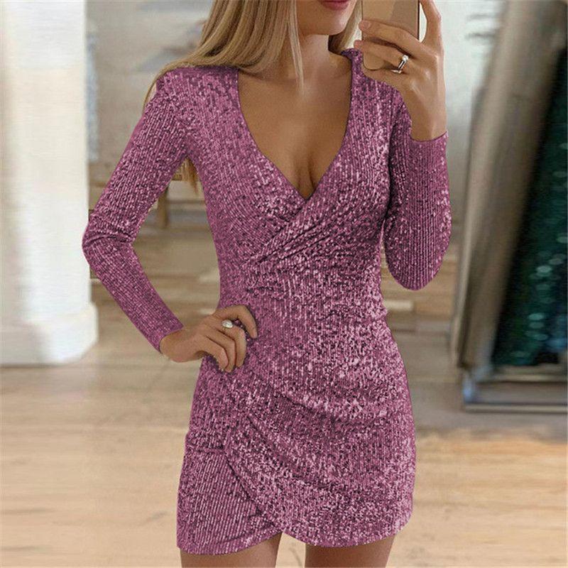 Long Sleeves Sequin V Neck Dress Sexy Party Dress Dress Sequin Party Dress Women