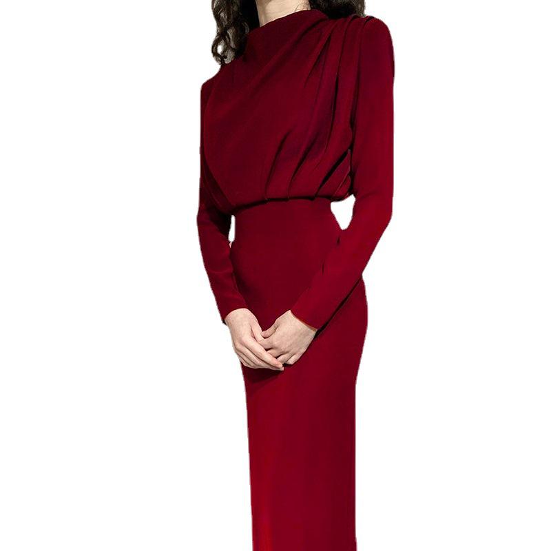 2026 Elegant Waist-Cinching Long Sleeve Solid Color Dress - Autumn/Winter Fashion