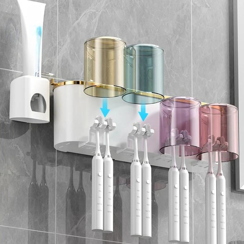 Wall Mount 2-in-1 Toothbrush Holder with Squeezer & Built-in Cup | No Drill Bathroom Organizer for 2-4 Brushes