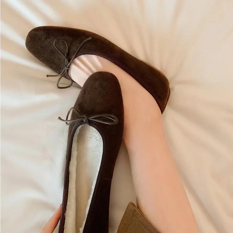 Winter Flat Bottom Cotton Womens Single Shoes New French Bow and Plush Ballet Shoes Pumps for Women Ladies Shoe Zapatos De Mujer