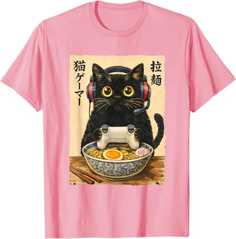 Funny Cat Gamer RaUnisex Graphic Japanese Kawaii Anime Gaming TShirt Y2k Kitten Eat Noodles Paly Video Game Unisexga Comic Clothes