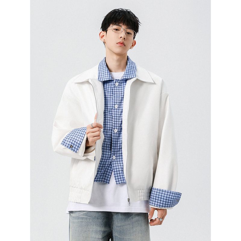 Wassup Autumn American Style Short Plaid Fake Two-Piece Lapel Jacket Men's Loose Casual Fashion Versatile Coat