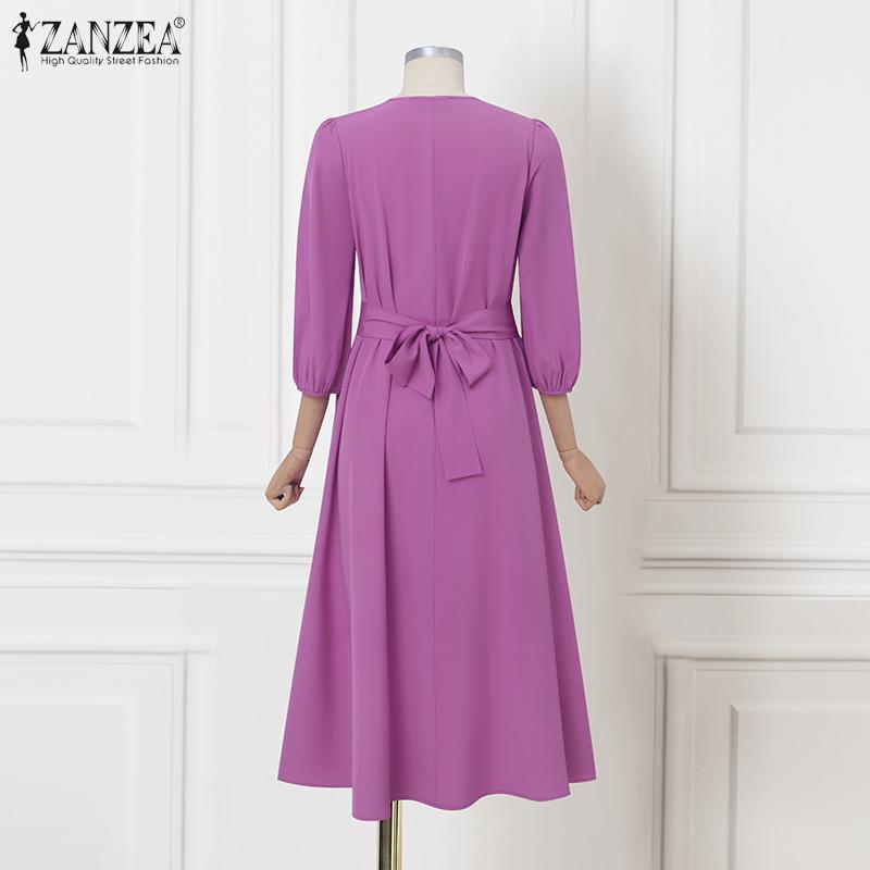 ZANZEA Women Casual V-Neck Loose 3/4 Sleeve Plain Long Dress
