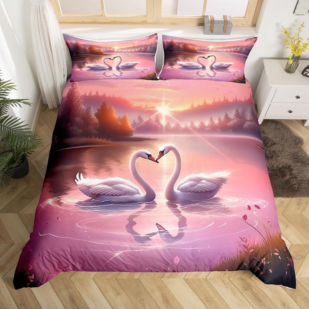 Red Rose Beding Set White Swan Soft Duvet Cover Quen Wild Animal Romantic Flower Warm Comforter Cover for Young Girls Woman Lady Weding Decor