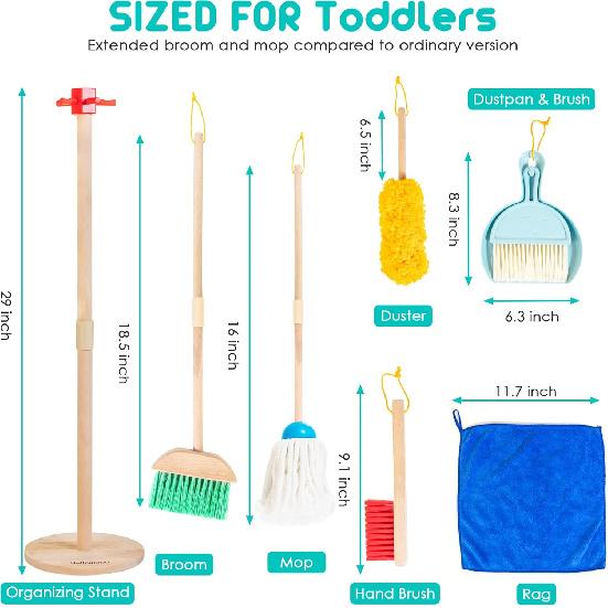 Kids Cleaning Set, 8 Pcs Wooden Housekeeping Play Set Includes Broom Mop Duster Dustpan Brushes Rag and Organizing Stand, Cleaning Toys Gift for