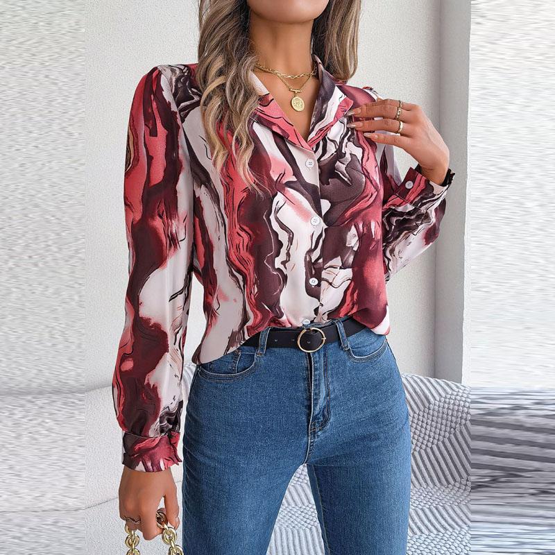 Spring Autumn Contrasting Color Shirts Women Casual Notched Long Sleeve Single Breasted Blouse Elegant Office Lady Clothes