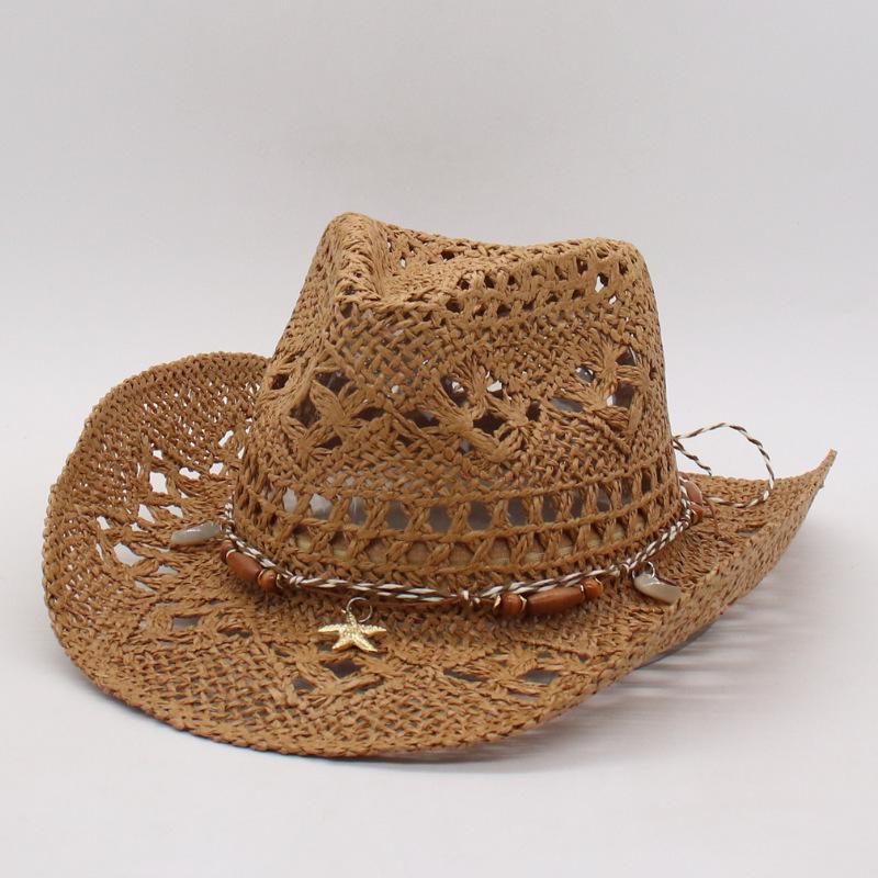 Cross-Border Summer Malan Orchid Hollow Western Denim Straw Jazz Top Hat Hat Upturned Along Eaves Shading Sunscreen Straw Hat