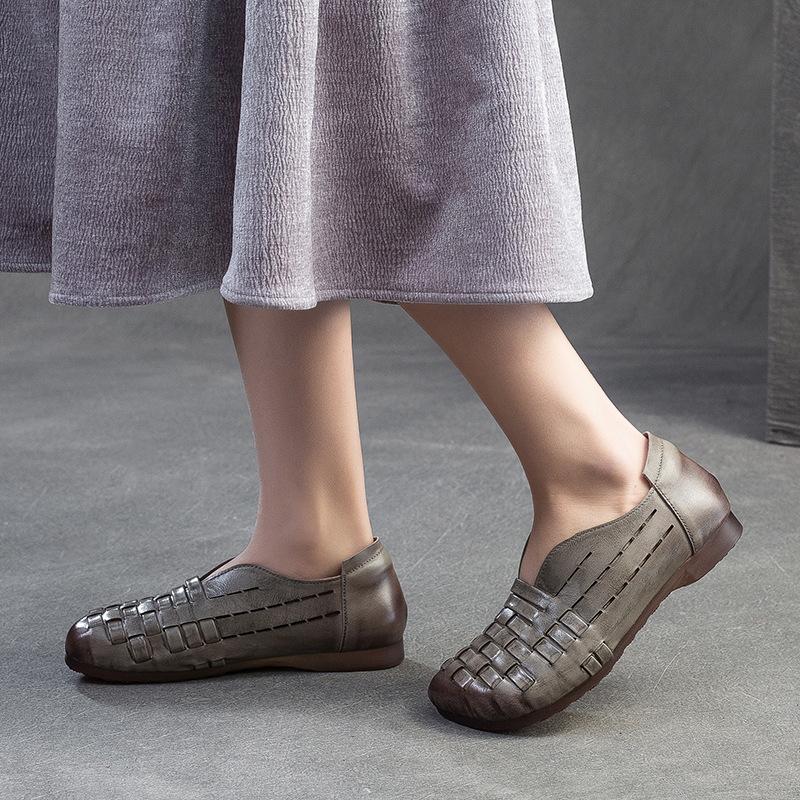 2026 Summer New Genuine Leather Hand Woven Patchwork Sandals Women Round Toe Flat Mules Comfortable Retro Casual Shoes