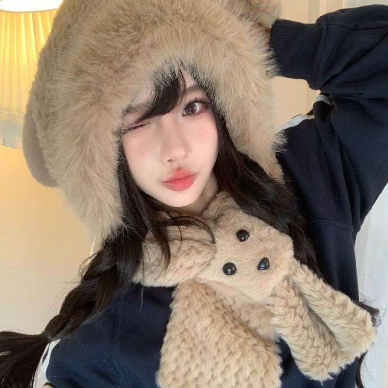 Cute Bunny Ear Plush Hat for Winter Thickened Warm Face-Flattering Ear Protection Scarf Integrated Cold Resistant Hat
