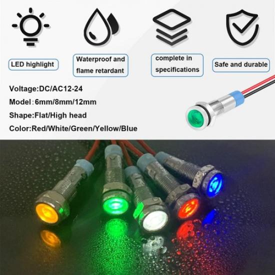 5Pack 1/4''(6mm) AC/DC12-24V LED Indicator Light Waterproof IP65 24 Volt LED
