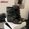 Fashion Female Slip On Footwear Women Ankle Western Boots With Heels Shoes Fashion Round Toe Ladies Short Denim Booties Heeled Shoes New