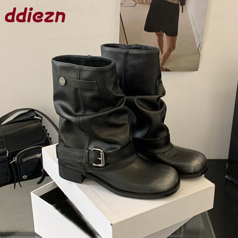 Fashion Female Slip On Footwear Women Ankle Western Boots With Heels Shoes Fashion Round Toe Ladies Short Denim Booties Heeled Shoes New
