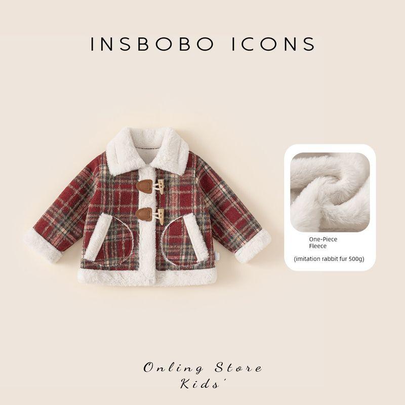Insbobo Girls Cotton Jacket 2025 Winter New Baby Children s Clothing Fleece-Lined Coat Children s Thickened Cotton-Padded Jacket Winter Wear Red Grid 80 cm