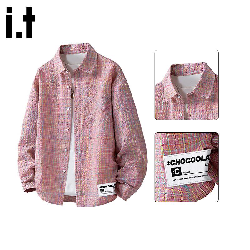 :CHOCOOLATE Men's Seersucker Plaid Long Sleeve Shirt