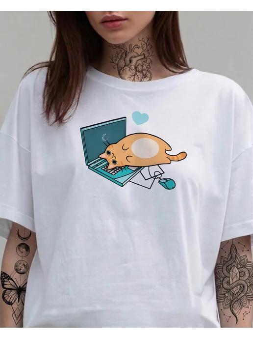 Oversized  Cat on a Laptop  print T-shirt for summer XL
