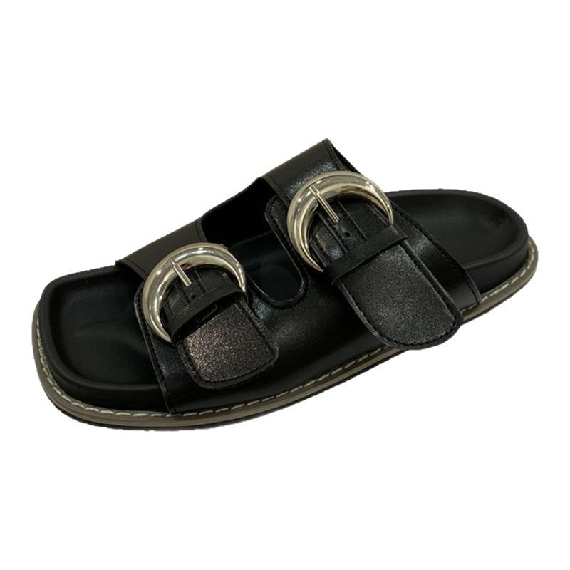 French Casual Belt Buckle Thick-soled Cloth-covered Cool Slippers Summer Retro Outer Wear Open-toed Flat-bottomed Casual One-word Slippers