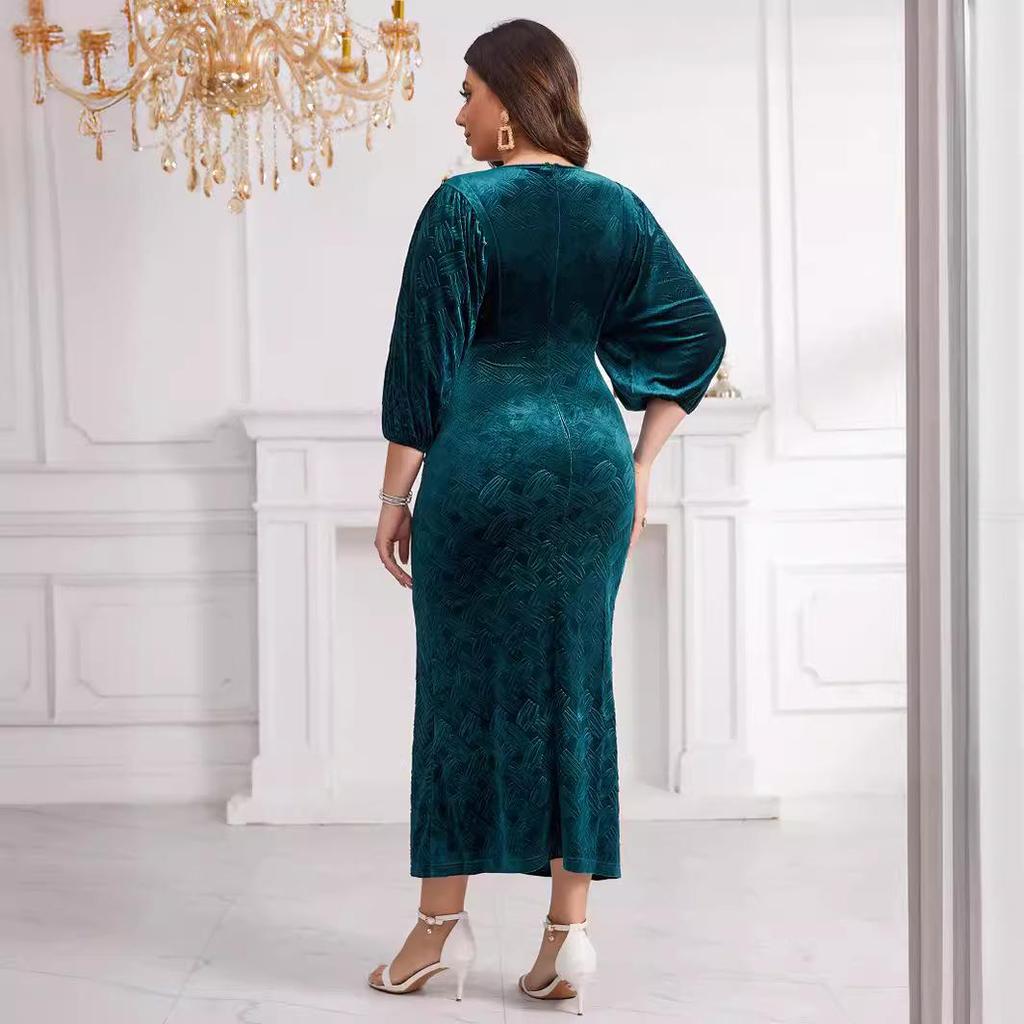 Velvet Embossed Beaded Lantern Sleeve Slim Fit Dress