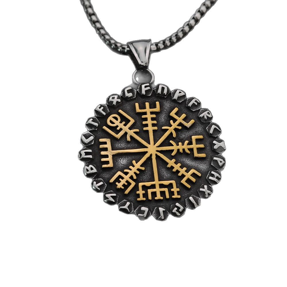 Edelstahl Wikinger Runen Kompass Anhänger Halskette - Stahl & Gold Finish, Beidseitiges Design