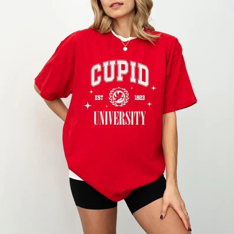 2026 Cupid University Tshirt College Style Valentine Heart Tshirt Short Sleeve Fashion Womens Tshirt Summer Casual Top