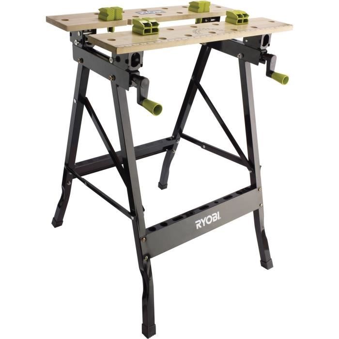 RYOBI - Etabli pliable orientable à 90° - table bambou 605 x 625 x 790 mm - 6,5 kg - Livré avec 4 mors et 1 clé de service - RWB02 grigio