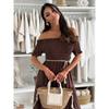 Summer European American Women's Solid Color Off-the-shoulder Short Sleeve Elastic Waist Tie Patchwork Dress