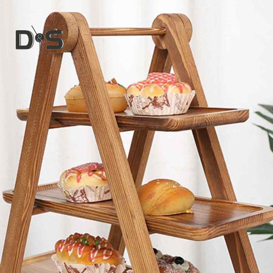 Tavă de servire din lemn cu 3 niveluri, suport pentru brioșe, asamblare ușoară, platou decorativ ușor din lemn, tavă rustică, pentru petreceri și acasă