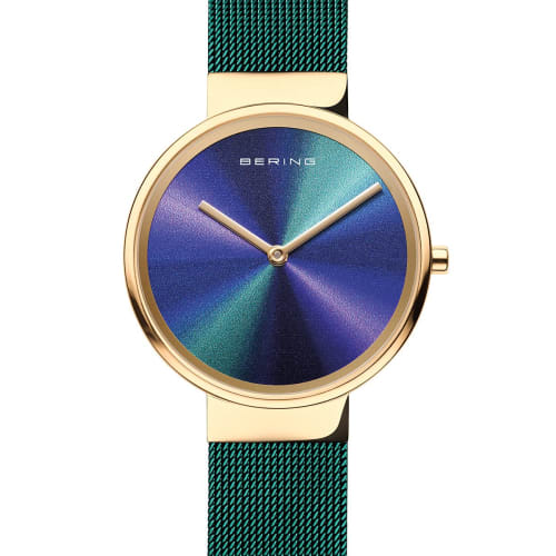 BERING Women's Quartz Watch, Green and Gold, Stainless Steel, Mesh Strap, Japan Exclusive, 19031-828, Officially Imported, 3-Year Warranty, Scratch-Re