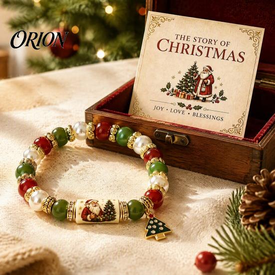Santa Claus Charm Accessory Christmas Bracelets for Women, Beaded Stretch Bracelet with Party Decorative Card, Holiday Jewelry Gift Stocking Stuffers,