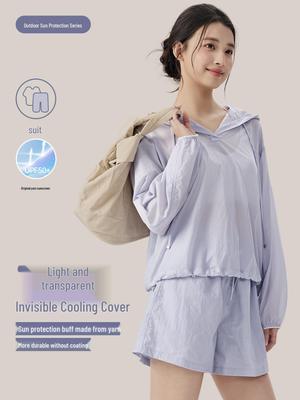 Women's Lightweight Sun Protection Set: Hooded Long-Sleeved Yoga Cover-Up with Breathable Casual Sports Shorts