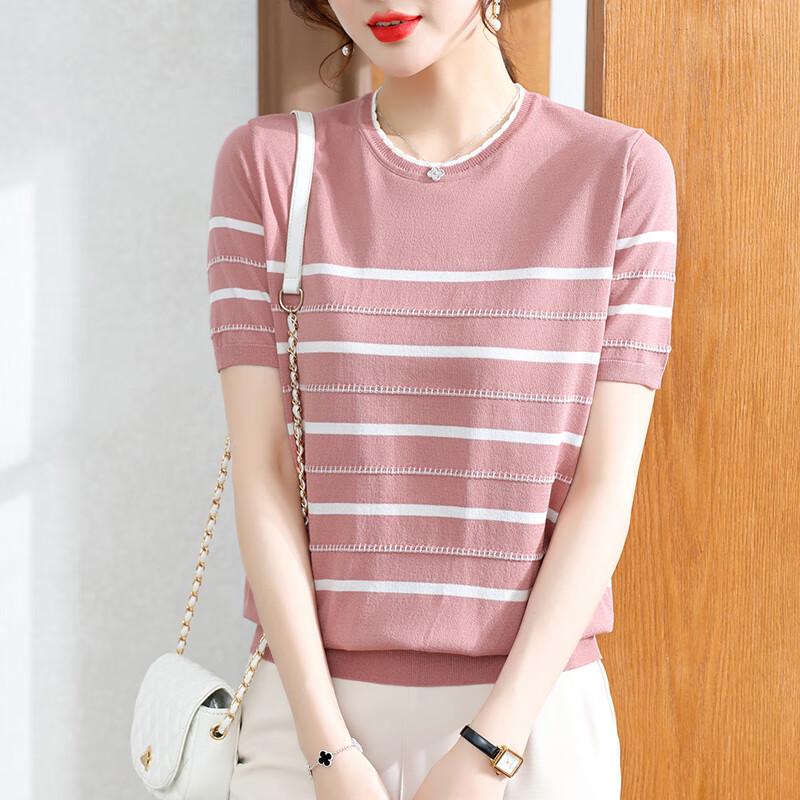 XUEXI Women s Striped Ice Silk Short Sleeve T-shirt 2XL