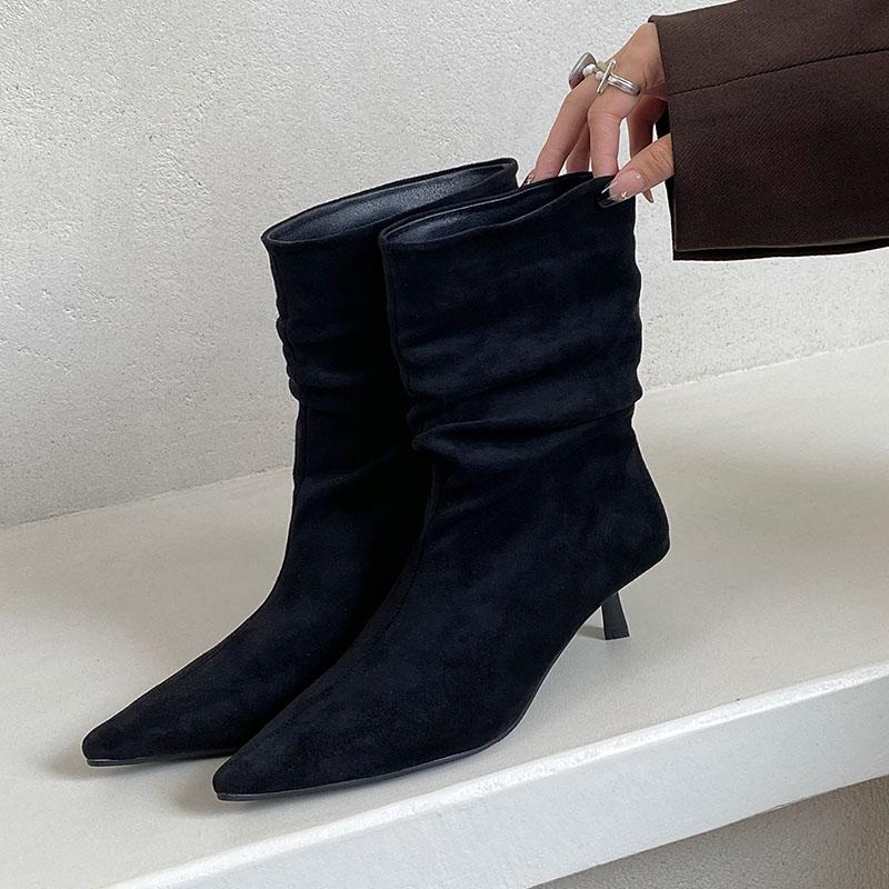 Fashion Fashion Heels Footwear Women Ankle Modern Boots Slip On Shoes Female Pointed Toe Pleated Ladies Short Boots Shoes Pumps