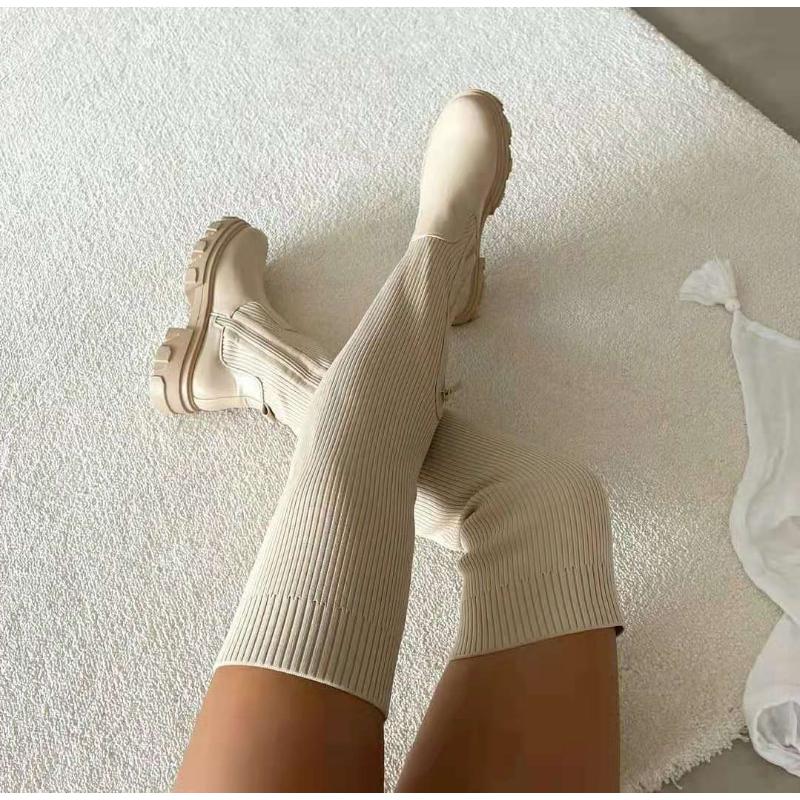 Women Thick Sole Boots  Autumn Winter Breathable Knitting Sock Ladies Thigh High Boots Stretch Round Toe Shoes Plus Size 43