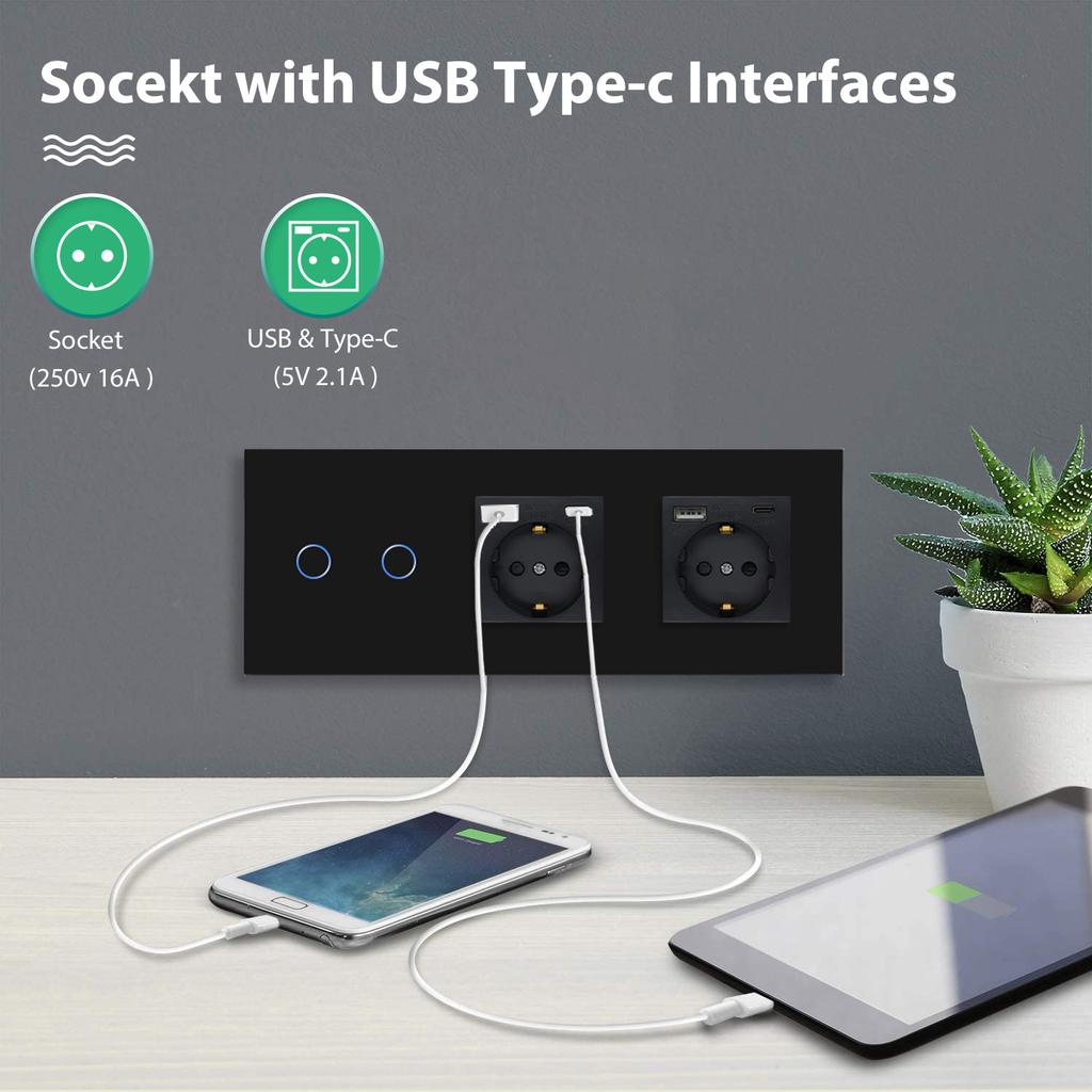 BSEED 1/2/3Gang Wall Touch Switch Double Light Switches 1Way Plus Type-c USB Sockets EU Standard Glass Panel Blue Backlight 10A