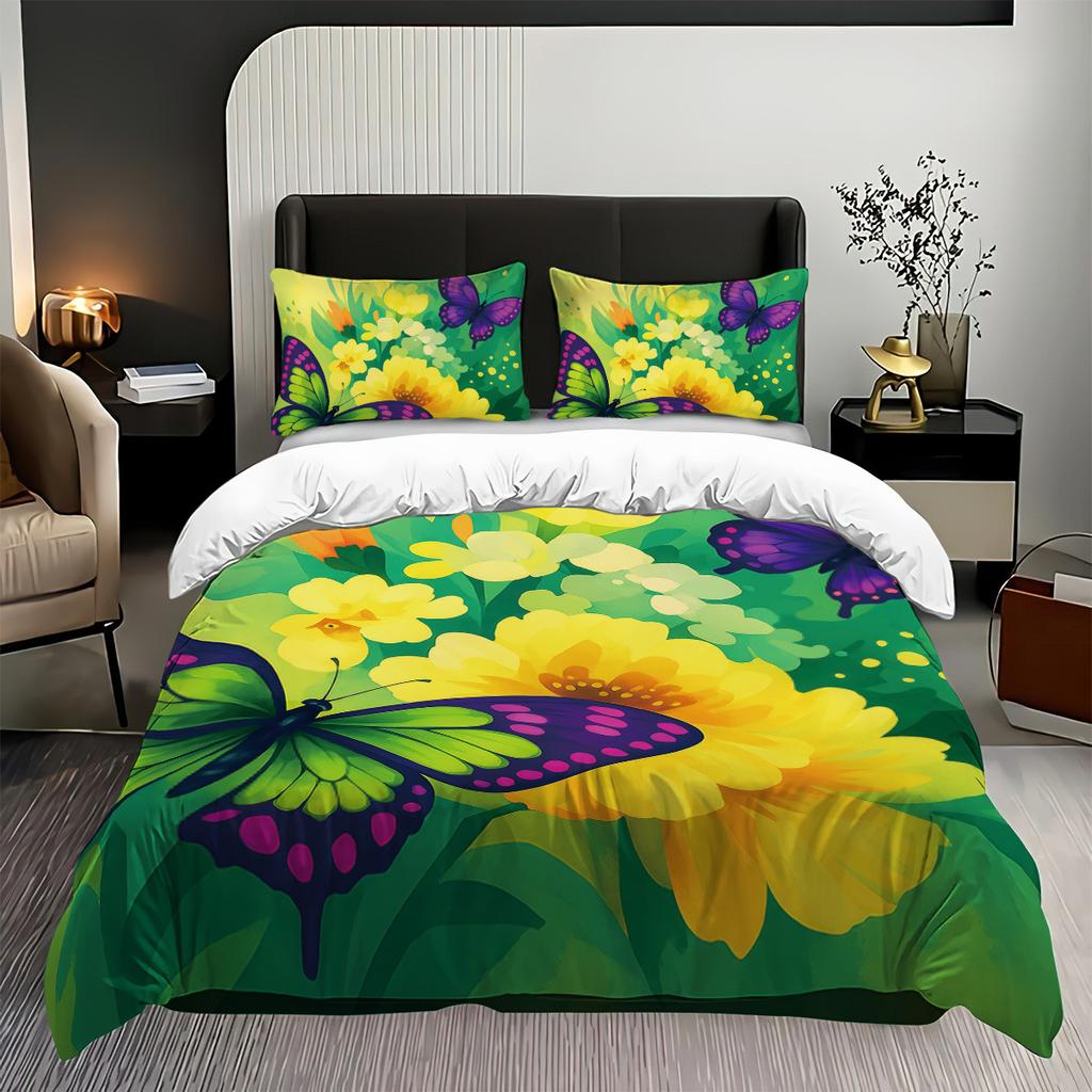 Fashionable Digital Print Butterfly Flower Duvet Cover Set -SoftComfortable Bedding with Classic Design-Ideal for