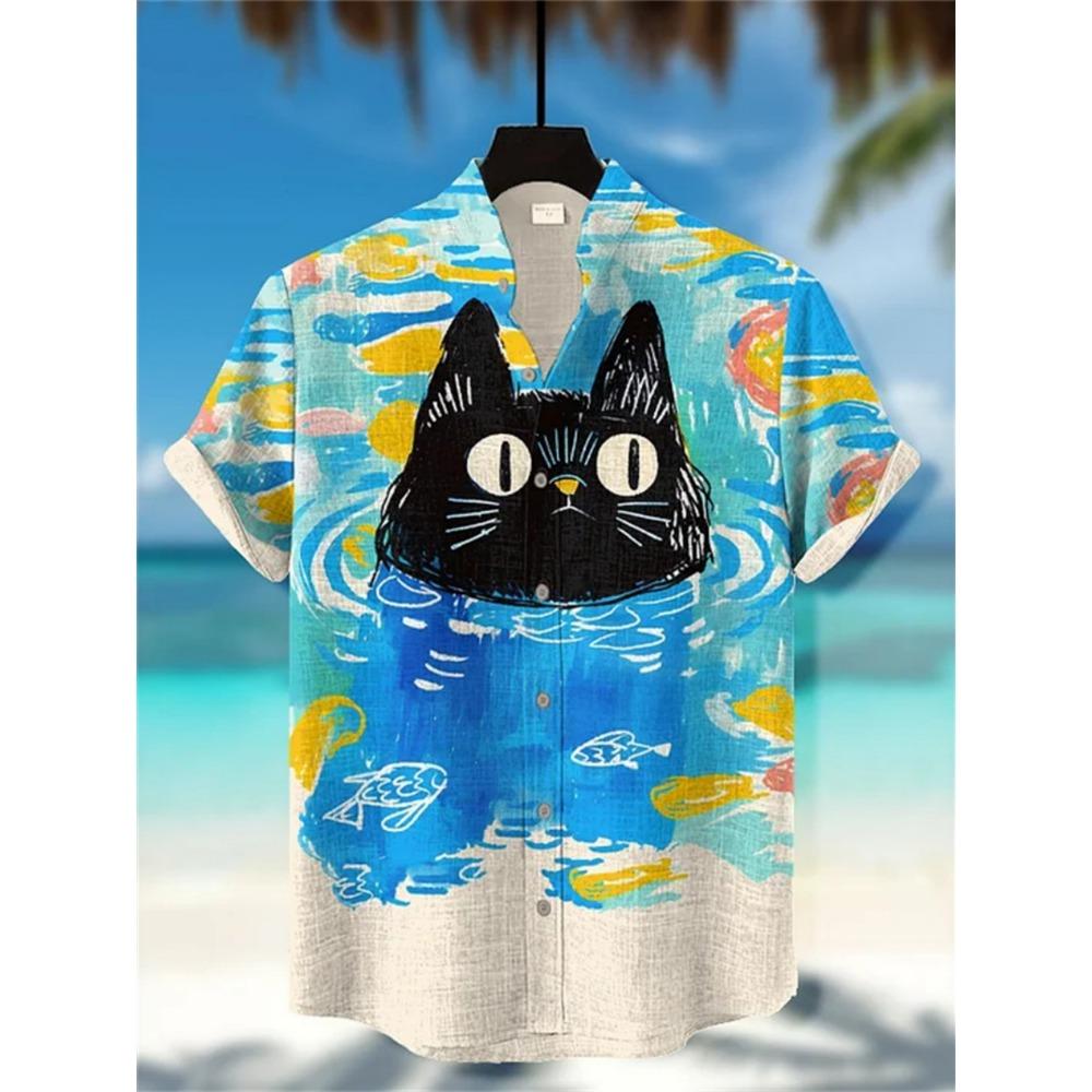 Men's Japanese Style Kimono Cat Printed Linen Shirt Summer Fashionable Stand Up Collar Short Sleeve