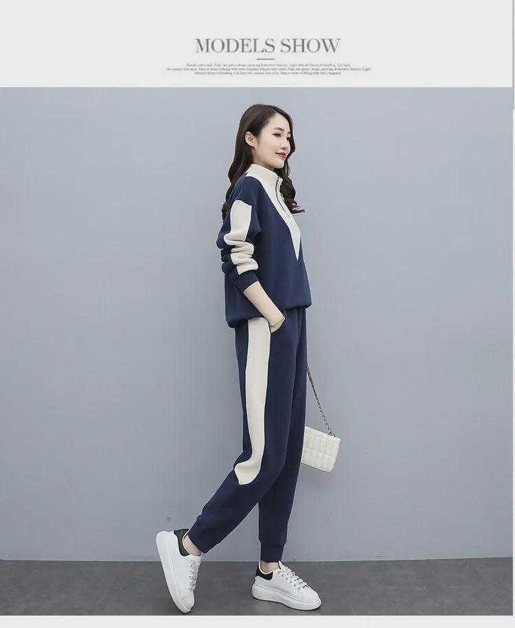Women's Thick Velvet Korean Style Sports Suit - Warm & Slim, Long-Sleeve Sweatshirt & Harem Pants, Two-Piece Autumn/Winter Set