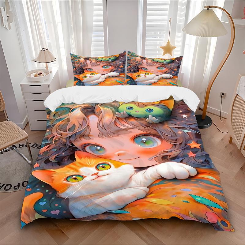 3pcs Cute Cat Bedding Set - Includes Quilt Cover and Pillowcases, Suitable for All Seasons, Machine Washable - Ideal Gift for Family and Fri
