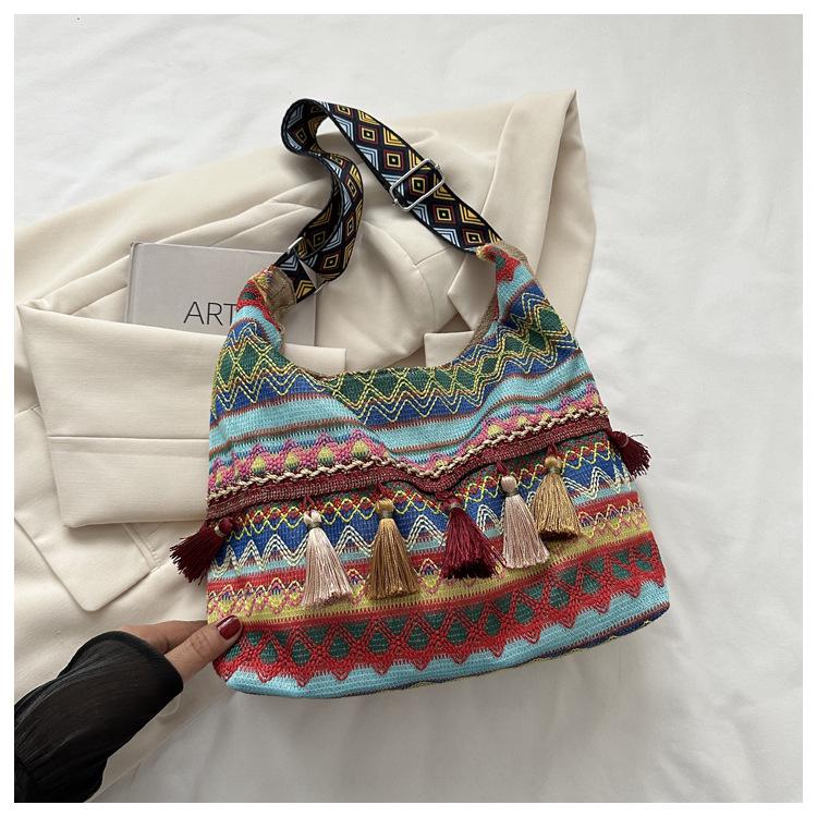 2025 Fashion Ethnic Tassel Canvas Shoulder Crossbody Tote - Large Capacity