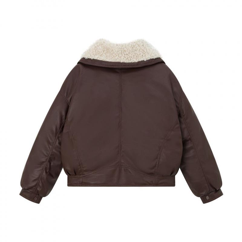 Women's Winter Lambswool Lapel Leather Jacket - Thick, Warm, College Style, Wash-Free Cotton.