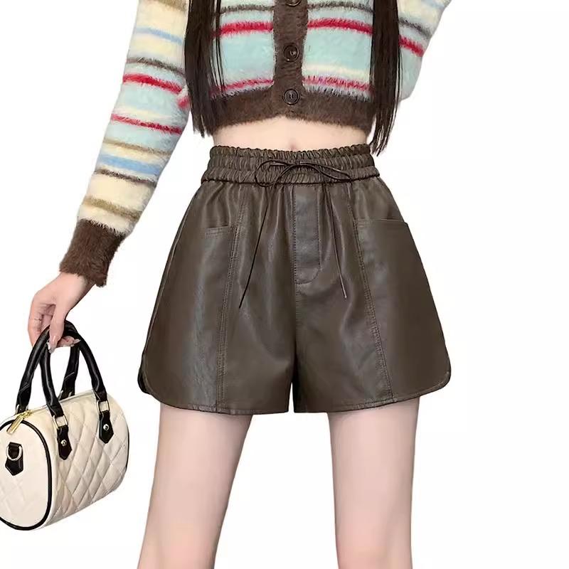 Women's Black PU Leather High Waist Wide-Leg Shorts - 2024 Autumn/Winter Collection