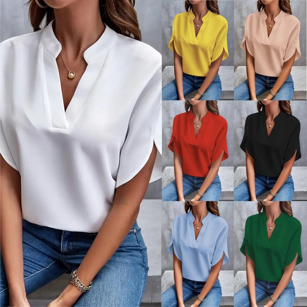 

Summer Tops For Women Blouse Fashion Short Sleeve Solid V Neck Loose Shirts And Blouses Elegant Laies White Tops S чорний