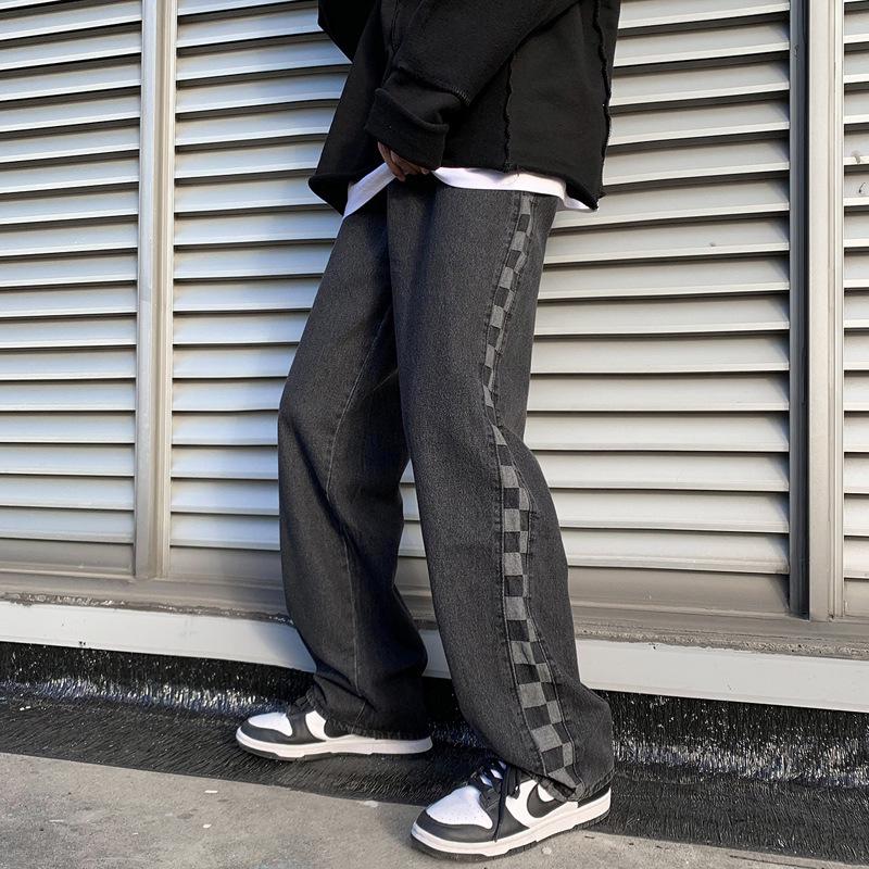 

Трендовые американские клетчатые пэчворк-джинсы большого размера для мужчин Double Extra Large чёрный